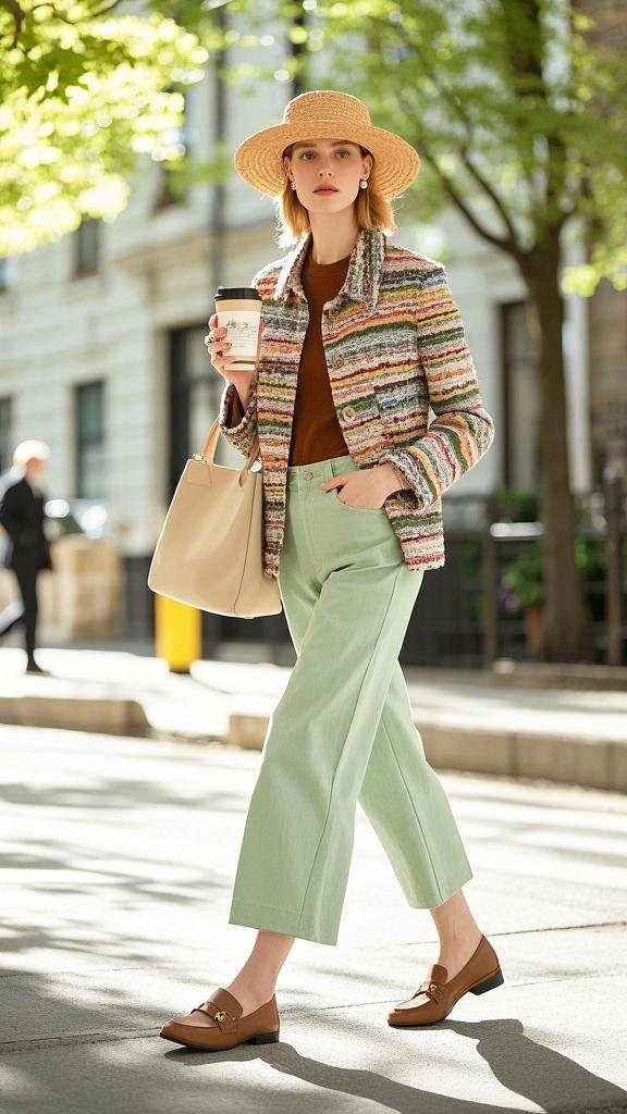 Brown Loafers with Striped Jacket and Cropped Pants