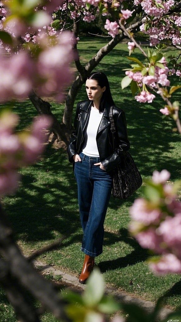 Classic Black Leather Jacket with White T - Shirt and Blue Jeans