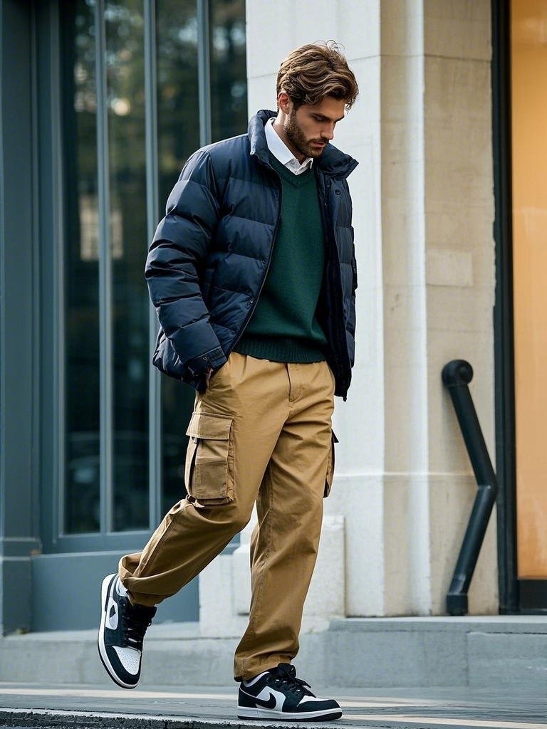 Man wearing khaki cargo pants with a navy puffer jacket, sweater, and white shirt in a business - casual setting