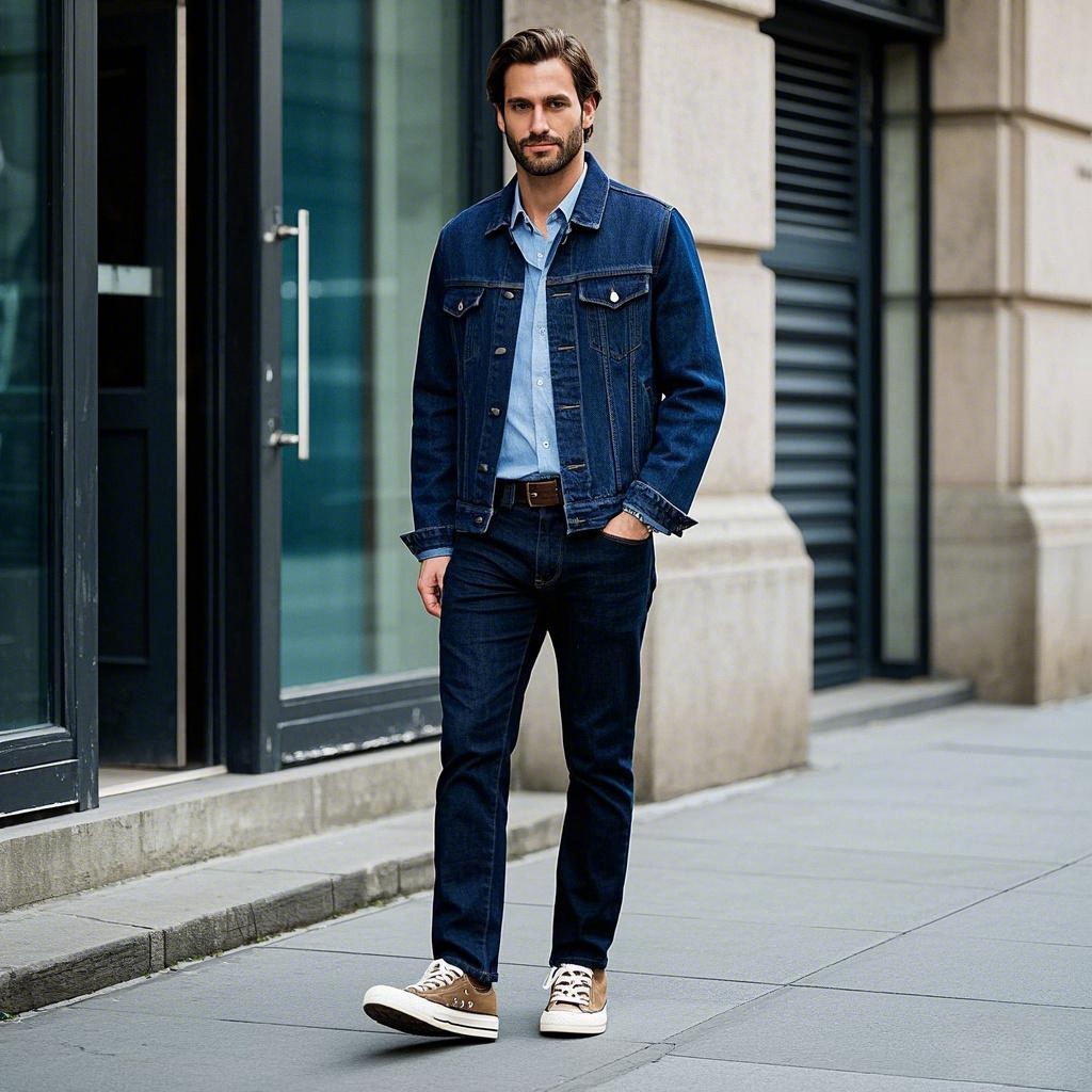 Man wearing classic denim jacket with light blue button-up shirt and dark blue jeans