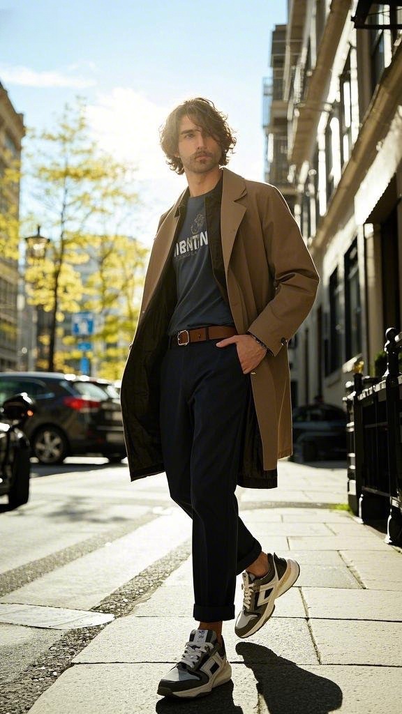 Dark blue t-shirt with navy blue trousers and sneakers