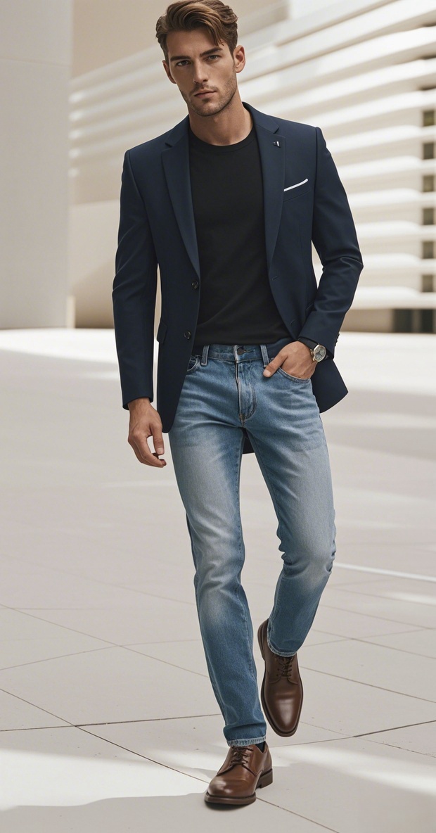 Man wearing light blue jeans with a navy blazer and black T-shirt