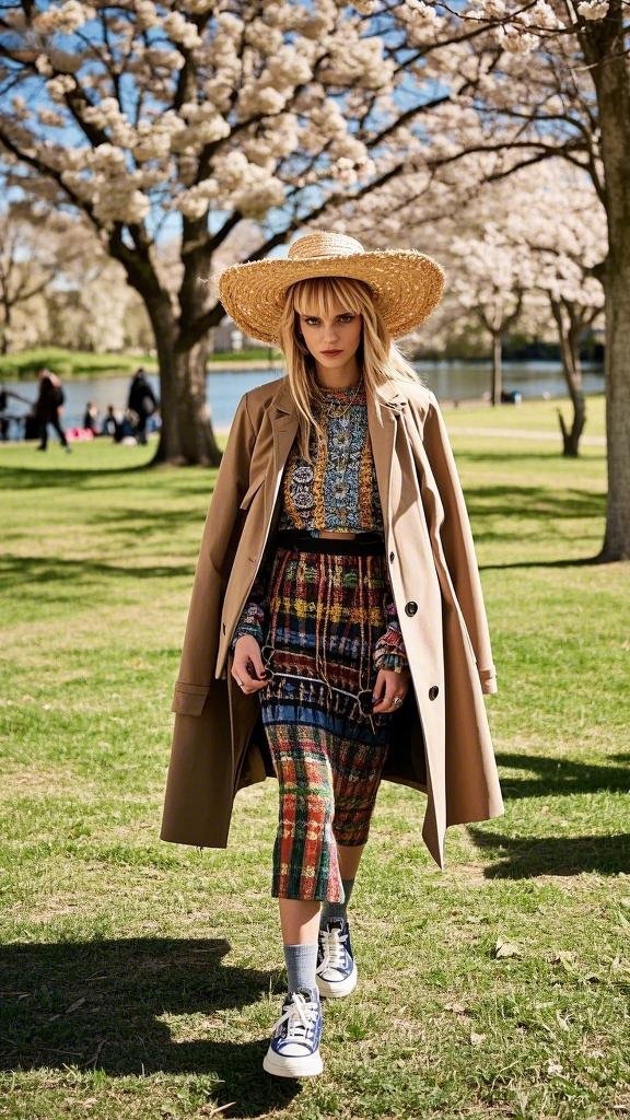 Colorful patterned dress with high neckline and trench coat paired with sneakers