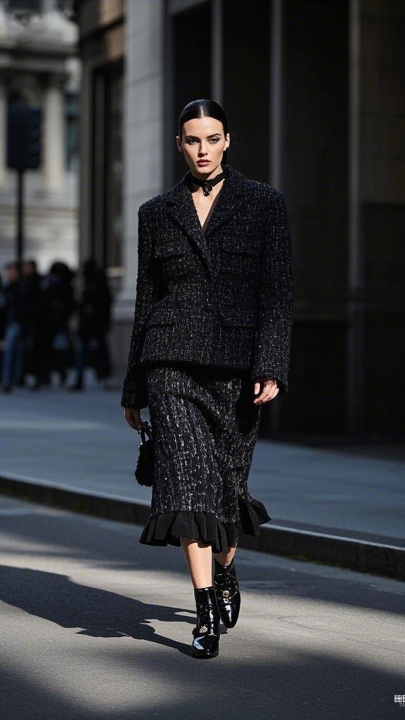 Sophisticated Black Tweed Blazer with Knee - Length Ruffled Skirt