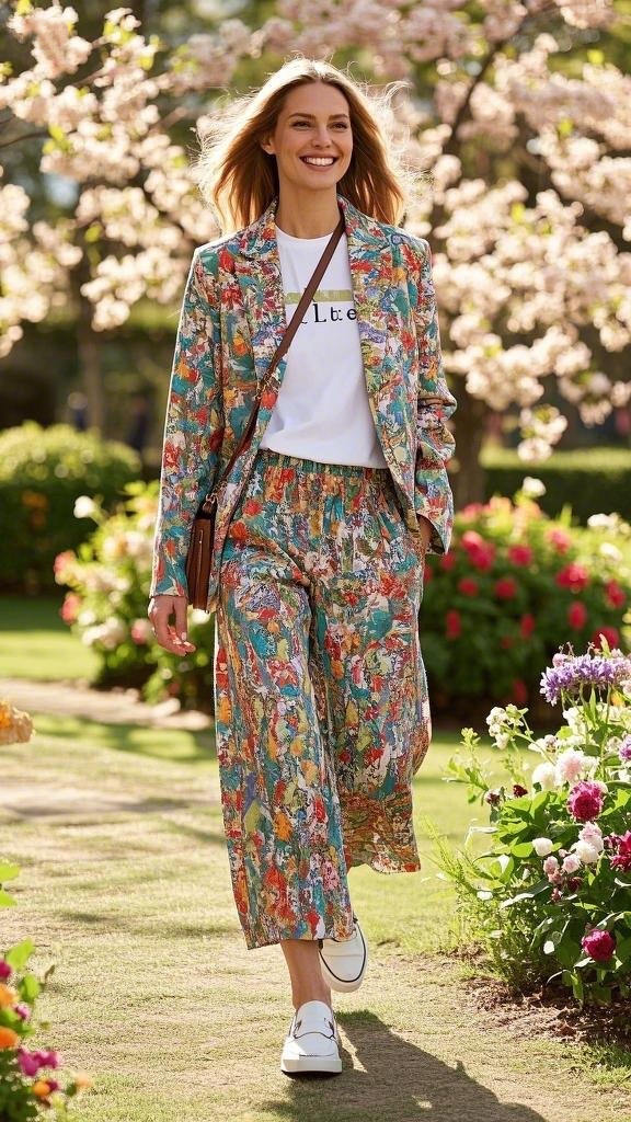 Floral - patterned Suit and “Lte” - printed T - shirt with White Loafers - alike Footwear