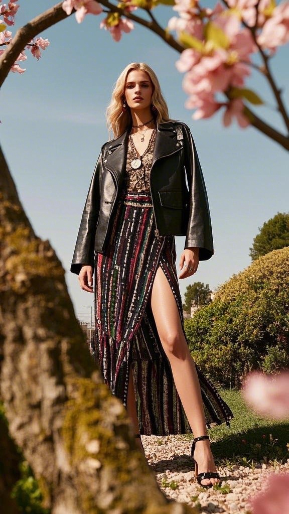 Black Leather Jacket with Bohemian - Style Dress