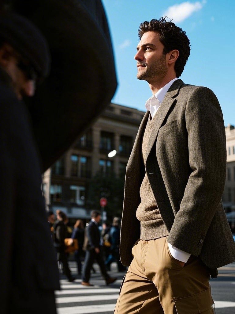 Man wearing a textured olive - green blazer, knit sweater, and khaki cargo pants for work and casual outings