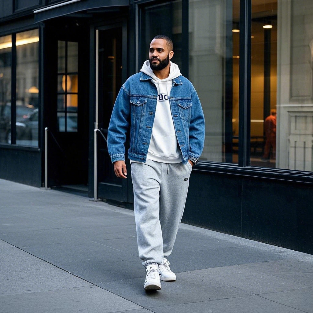 Man styling a light blue denim jacket over a white hoodie with grey sweatpants