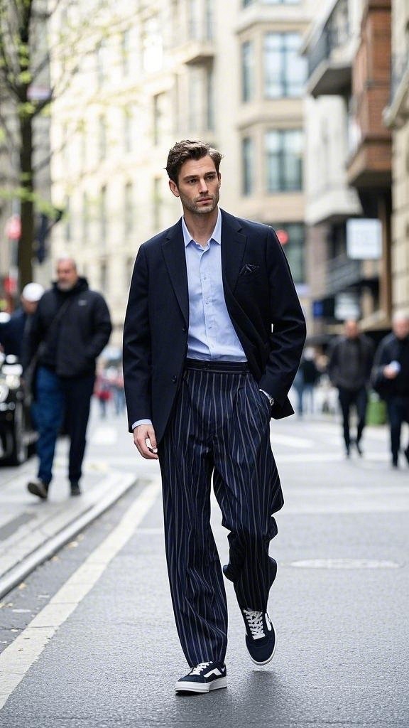 Navy blue blazer with pinstriped trousers and sneakers