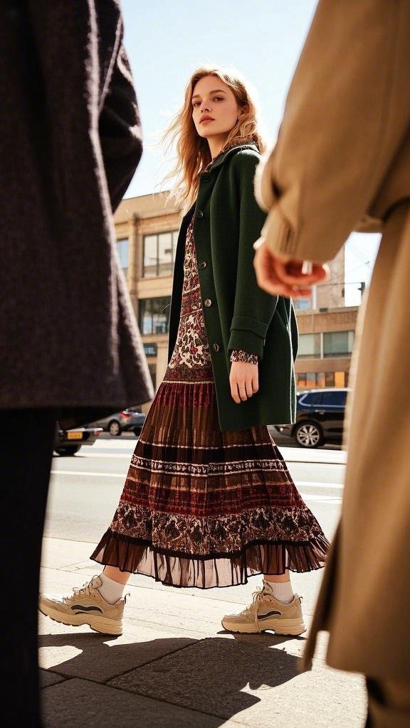 Dark green single-breasted coat over patterned dress with sneakers