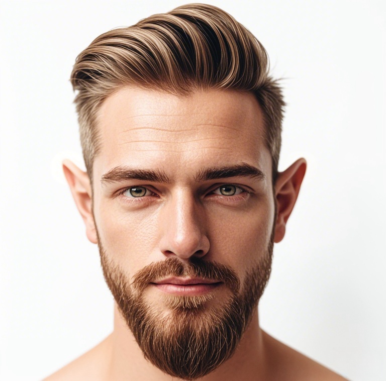 Man with a modern hairstyle, long goatee, and short mustache