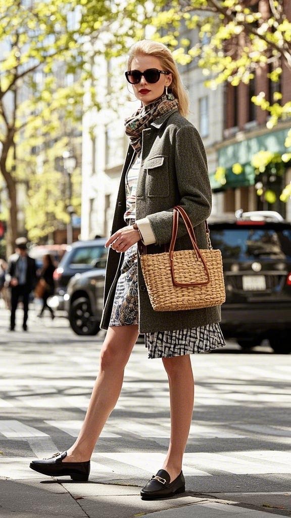 Gray Wool Coat and Striped Shirt with Black Loafers