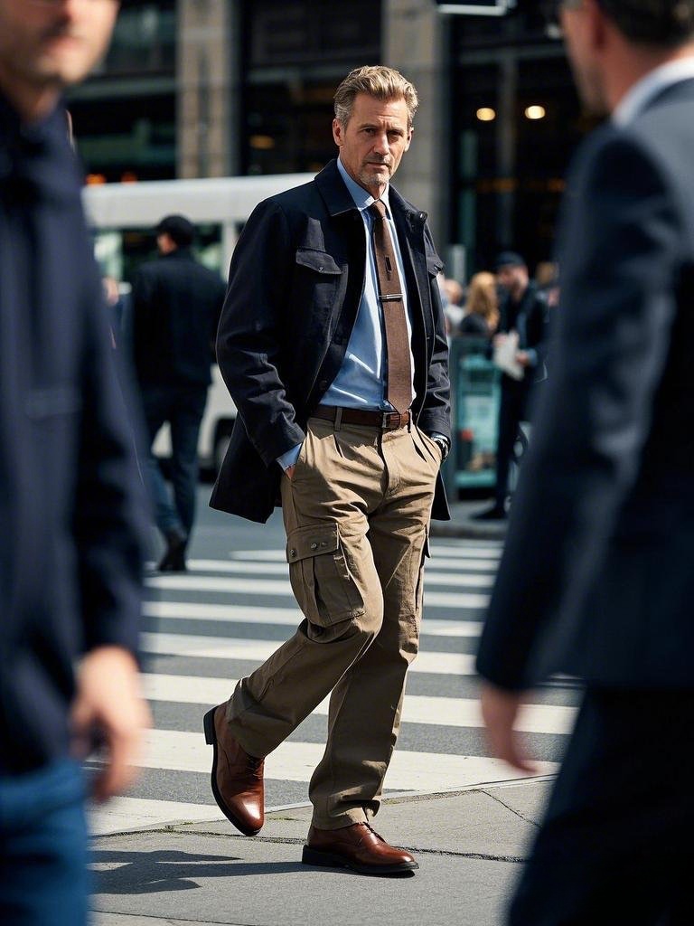 Man wearing a light blue shirt, brown tie, khaki cargo pants, and a pea coat in a business - casual style