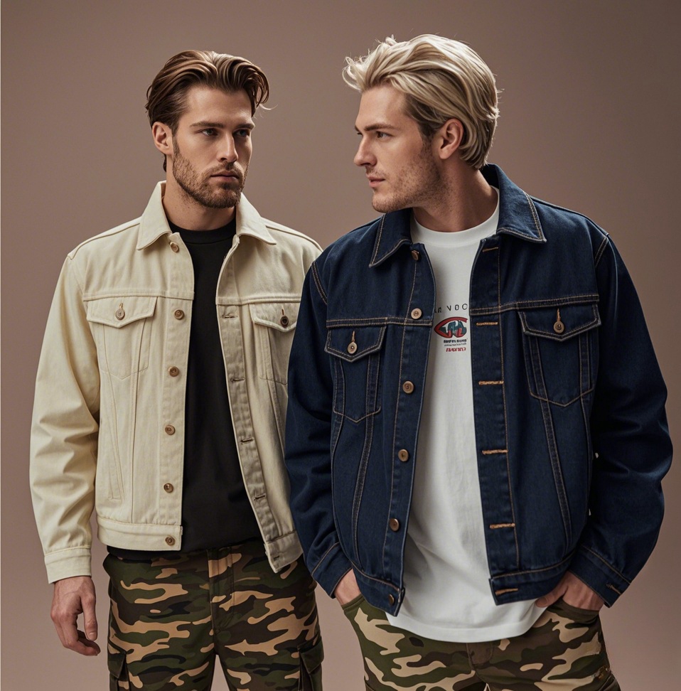 Two men wearing denim jackets with camo cargo pants