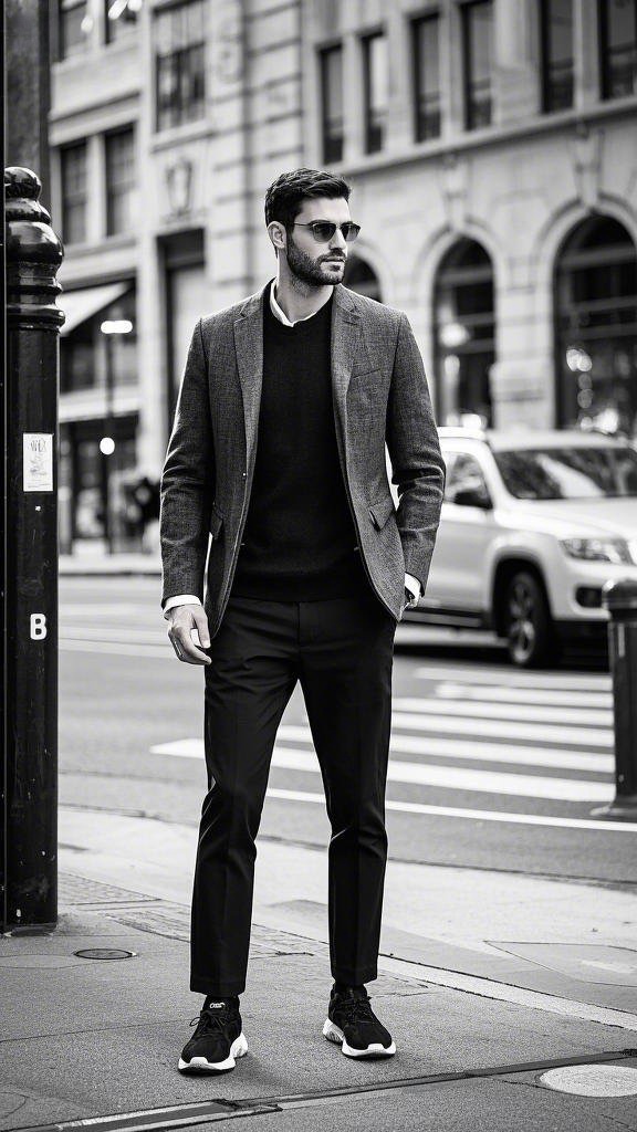 Grey blazer with black dress pants and sneakers