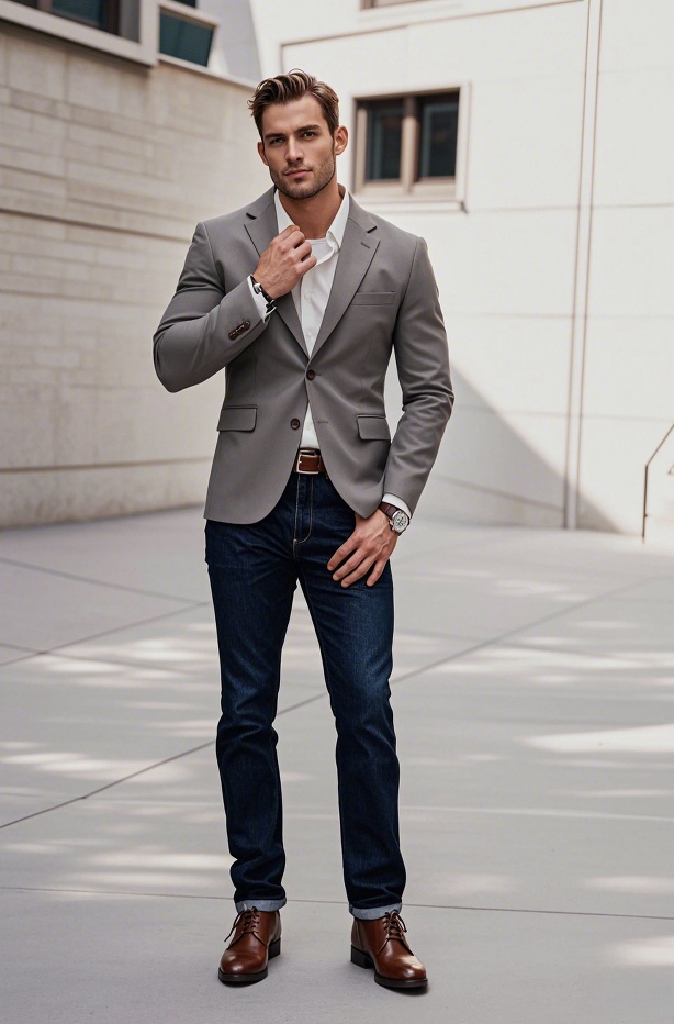 Man wearing light grey blazer with dark blue cuffed jeans and white dress shirt