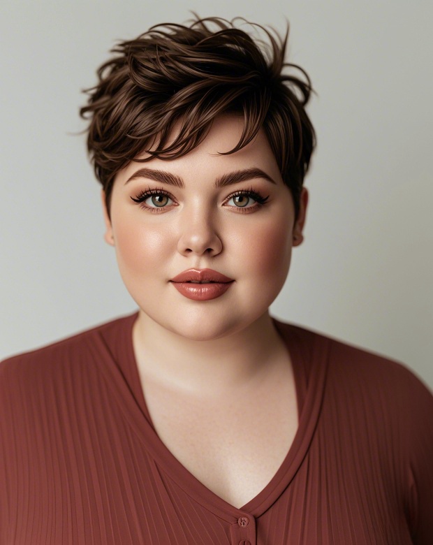 Medium brown sleek long pixie cut for chubby face