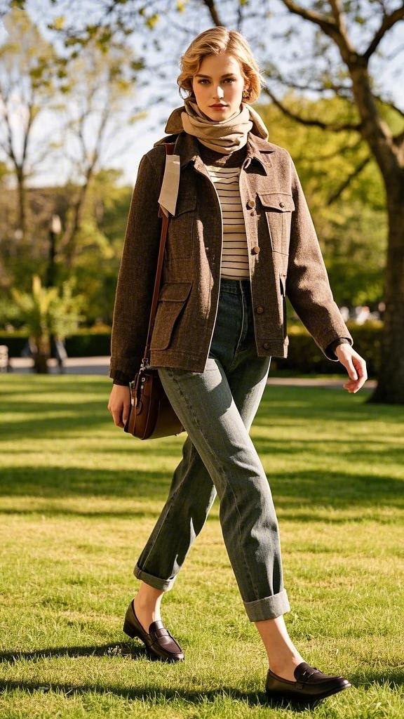Classic Brown Wool Jacket and Striped Sweater with Black Loafers