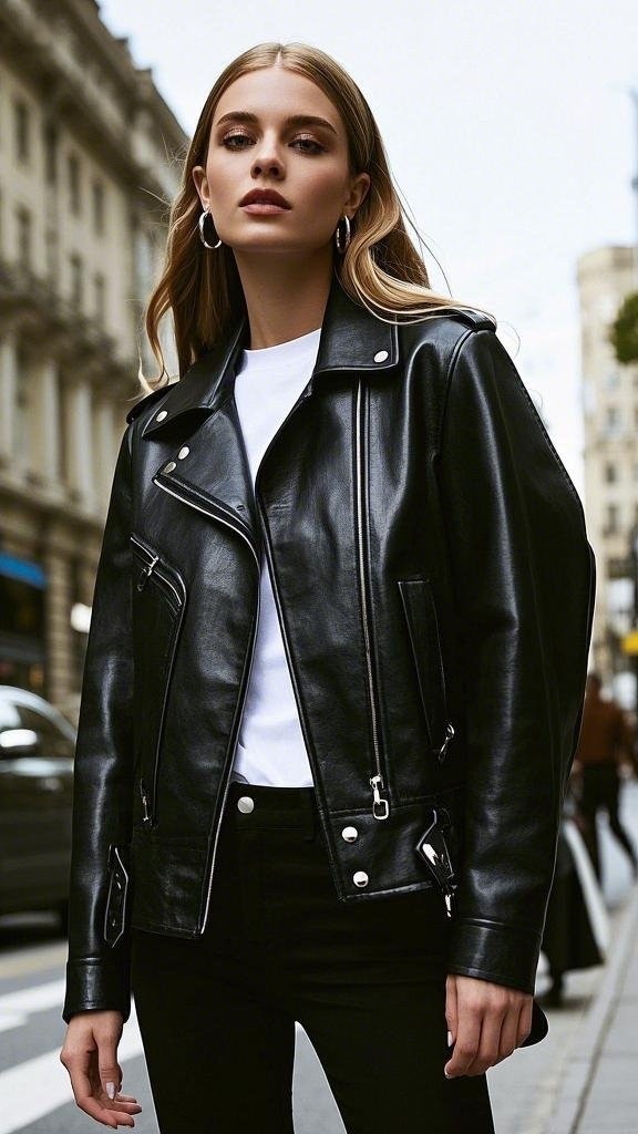 Sleek Black Leather Biker Jacket with White T - Shirt and Black Pants