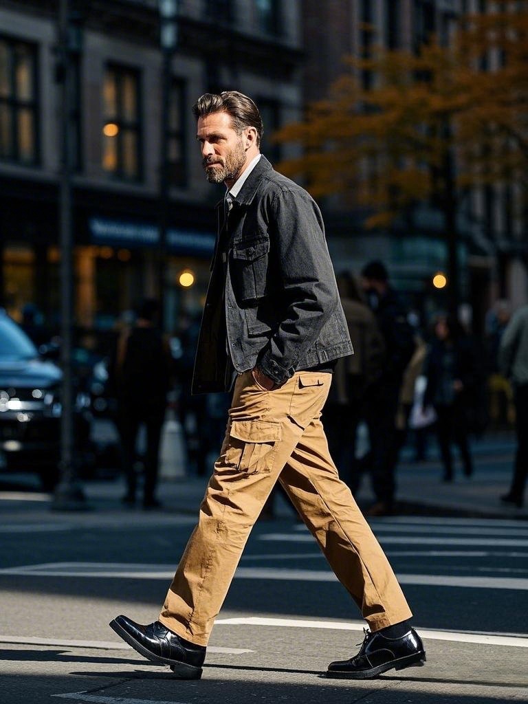 Man wearing a dark denim jacket, light - colored shirt, and khaki cargo pants in a business - casual setting