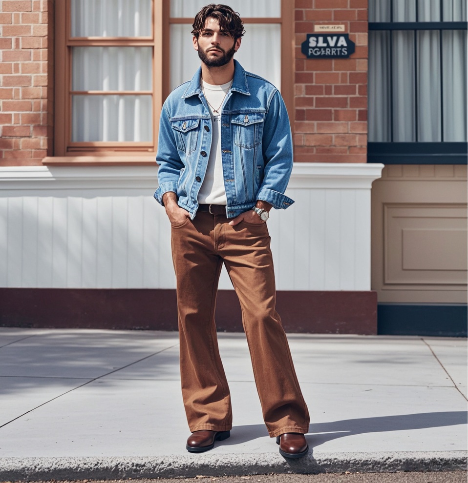 Man in light blue denim jacket over a white crew-neck t-shirt with brown trousers