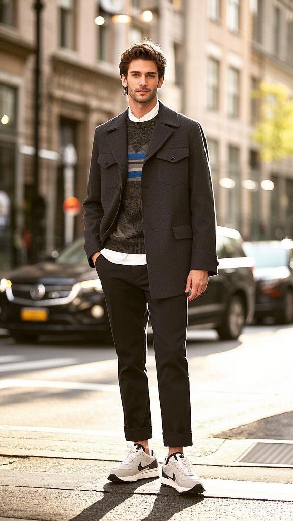 Dark grey pea coat with black trousers and white sneakers