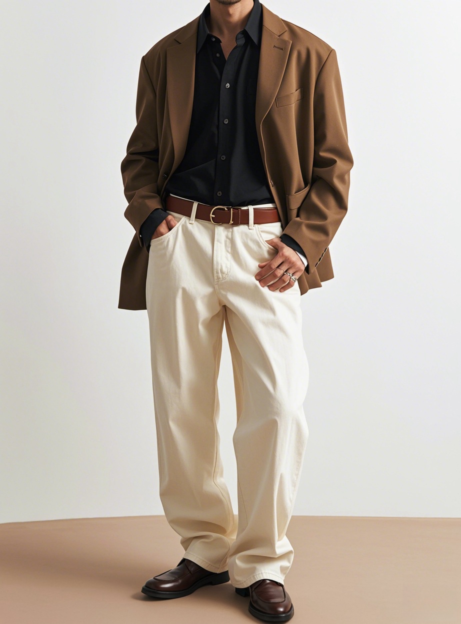 Man wearing brown oversized blazer with black dress shirt and beige trousers