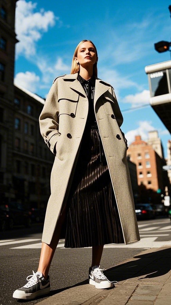 Light beige trench coat over black top and dark pleated skirt with sneakers