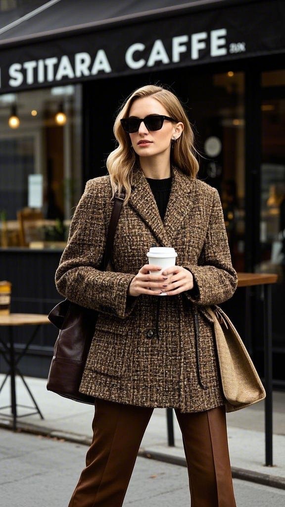 Classic Double - Breasted Brown Tweed Coat with High - Waisted Trousers