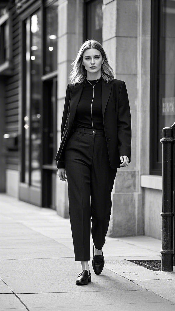 Monochromatic Black Outfit with Black Heeled Loafers