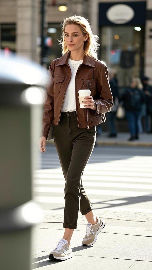 Brown Leather Jacket with White T - Shirt and Cropped Pants
