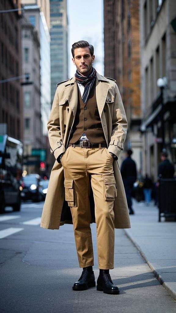 Man wearing a beige trench coat, dark brown vest, and beige cargo pants in a business - casual way