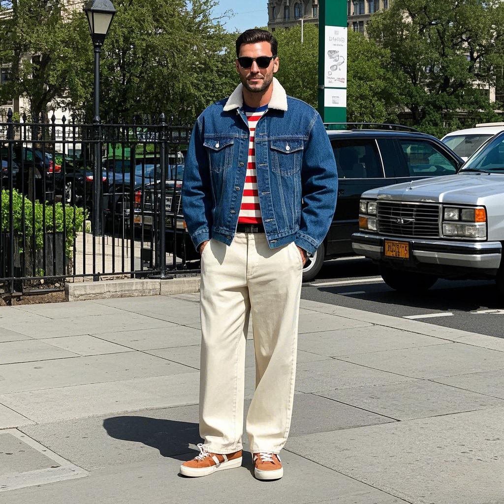 Man wearing classic blue denim jacket with a shearling collar and striped t-shirt