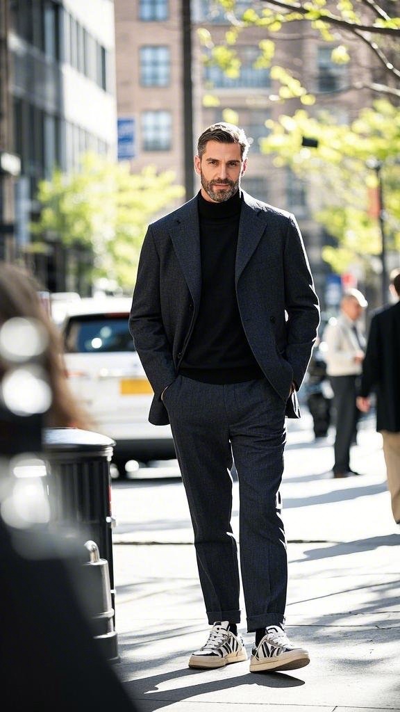 Dark grey wool suit with turtleneck and striped sneakers