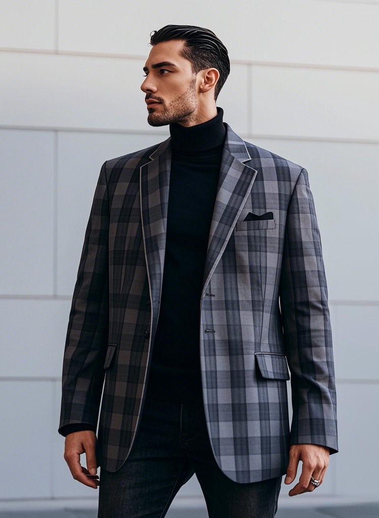 Man wearing gray and black checkered blazer with black turtleneck and dark denim jeans
