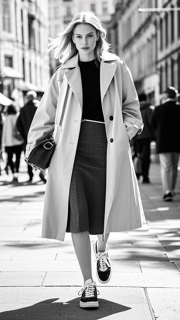 Light-colored trench coat over black top and gray pencil skirt with sneakers
