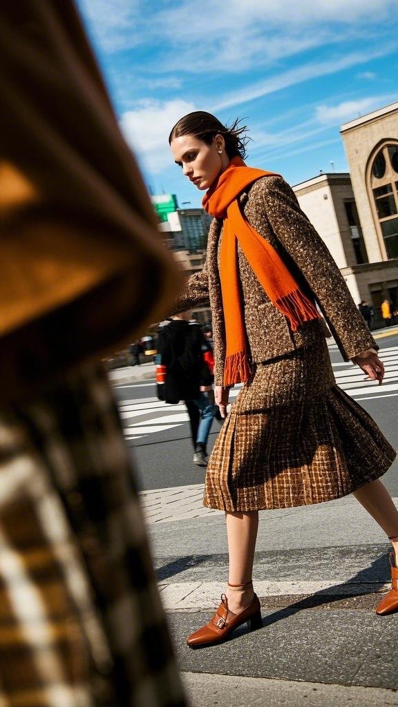 Brown Tweed Skirt Suit with Orange Scarf