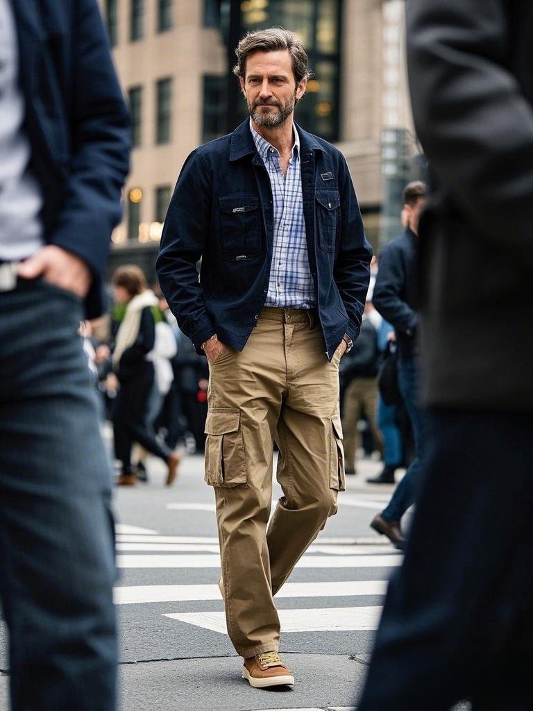 Man wearing a checkered button - up shirt, dark denim jacket, and khaki cargo pants in a business - casual scenario