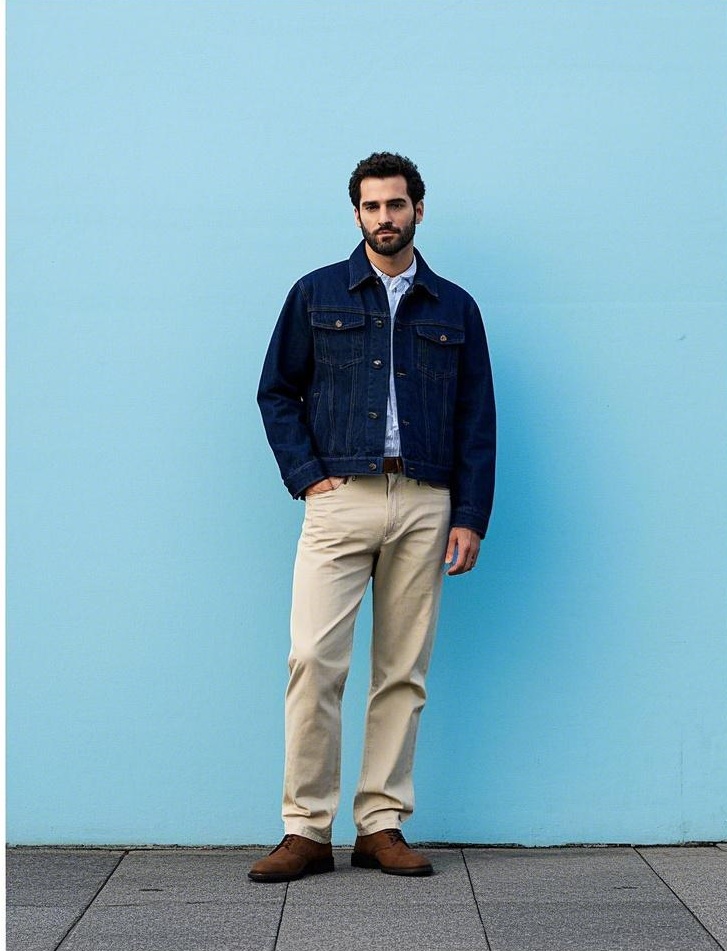 Man styling a dark denim jacket with light blue button-up shirt and beige chinos
