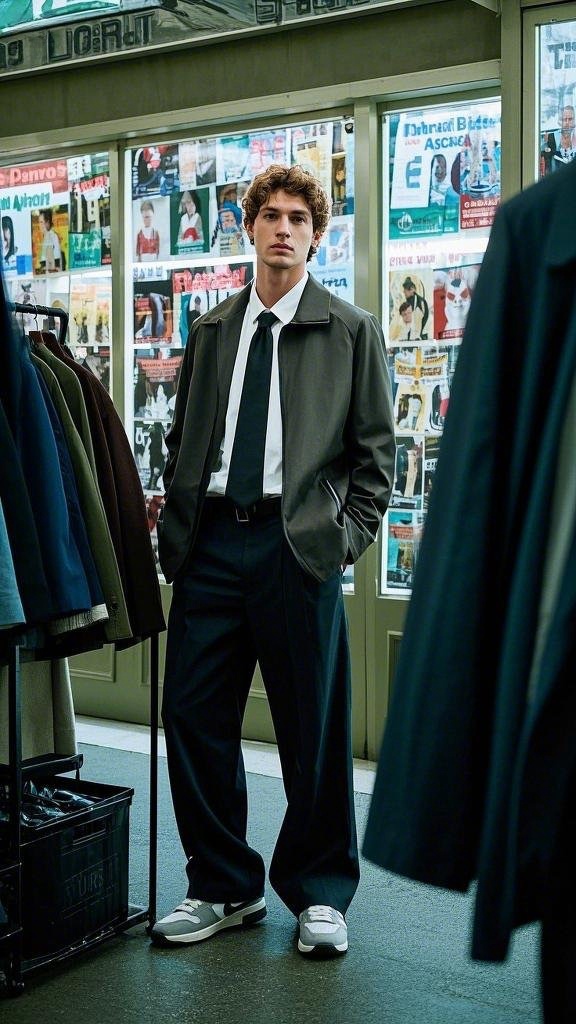 Dark green jacket with black trousers and grey sneakers