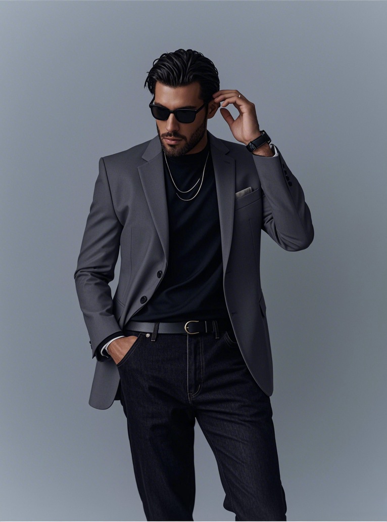 Man wearing a well-fitted gray suit jacket with a black turtleneck sweater and dark denim jeans