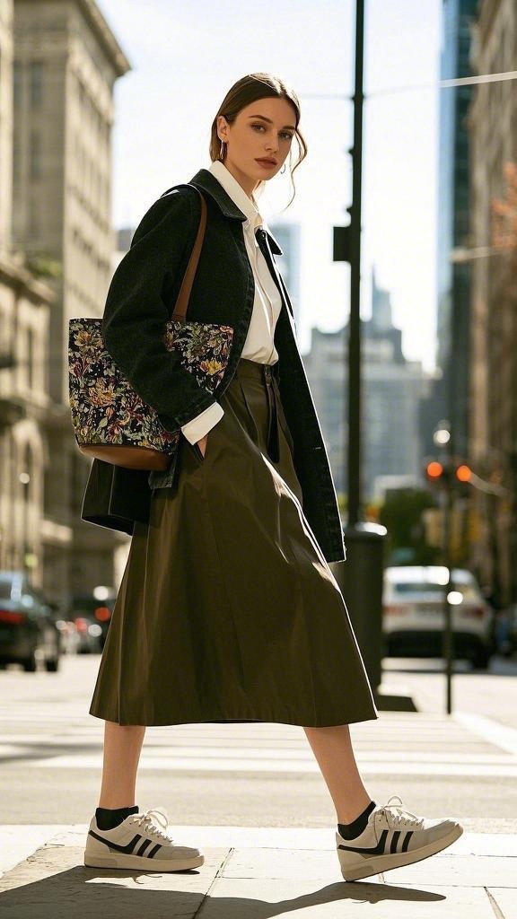 White dress shirt, dark blazer, and olive-green A-line skirt with sneakers