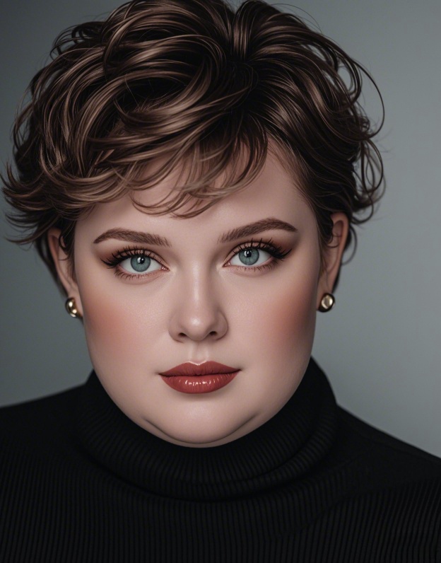 Medium-brown curly long pixie cut for chubby face