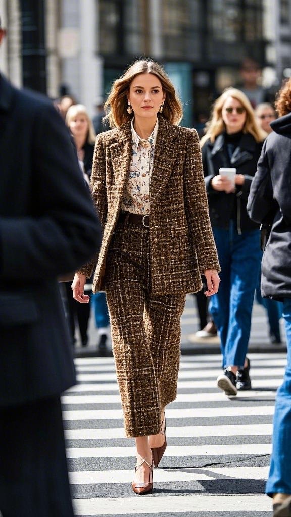 Brown Tweed Blazer and Trousers with Floral Blouse