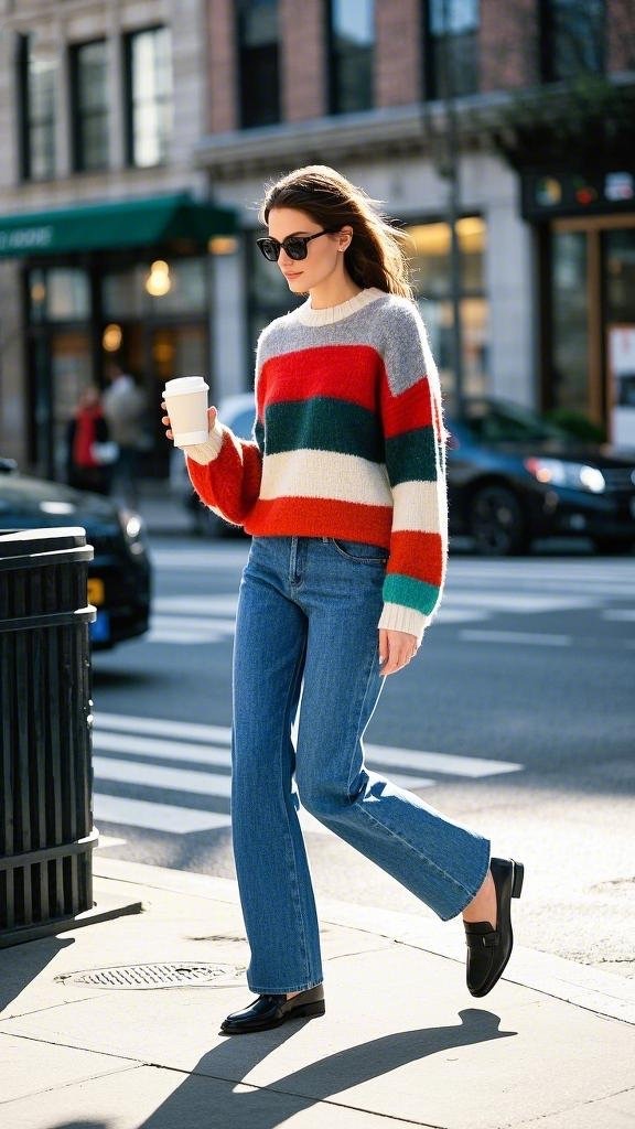 Multi - colored Striped Sweater and Flared Jeans with Black Loafers
