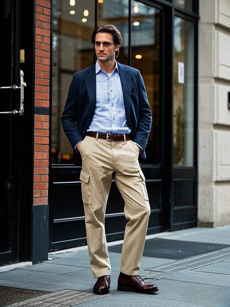 Man wearing a navy blue blazer, light blue shirt, and khaki cargo pants in a business - casual setting