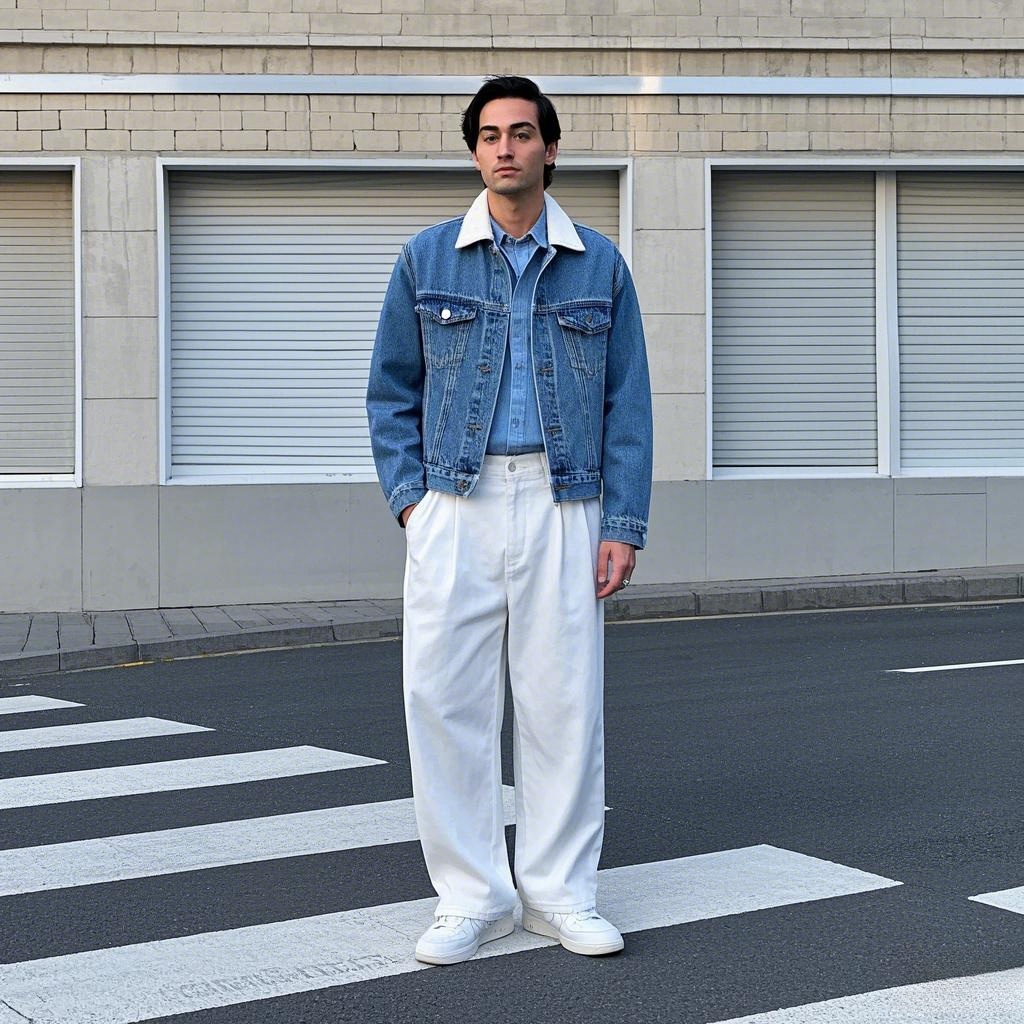 Man in a classic blue denim jacket with white sherpa-lined collar and light trousers