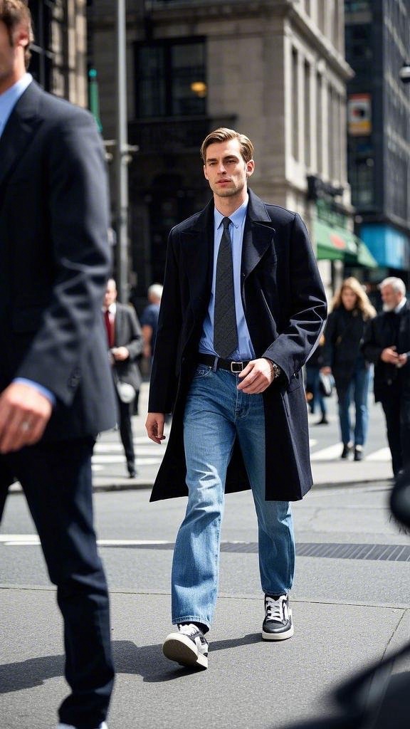 Long dark overcoat with light blue jeans and sneakers