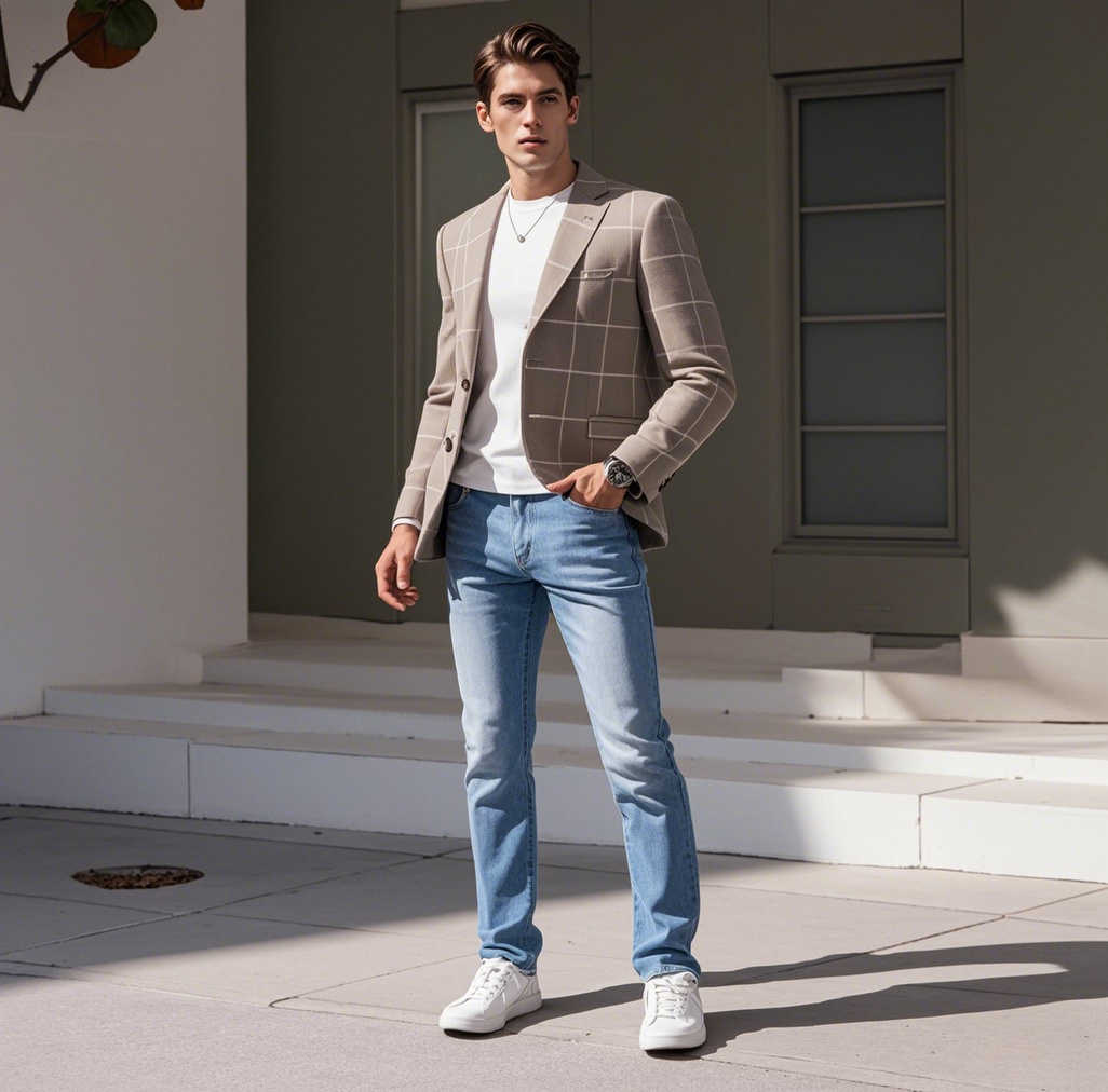Man wearing light brown checkered blazer with white crew-neck T-shirt and light blue jeans
