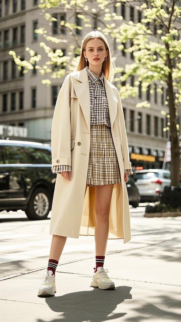 Light-beige trench coat over plaid shirt and skirt with sneakers